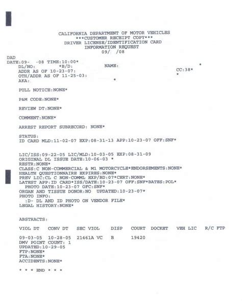 ca dmv driver record printout.